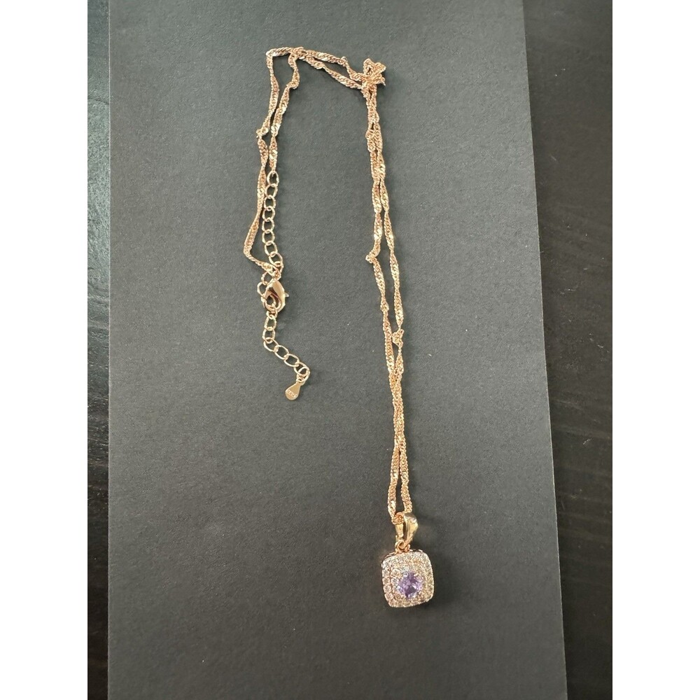 585 14K RG Stamped Rolled Gold Purple Crystal Square Pendant 19” Necklace Chain - Picture 1 of 7